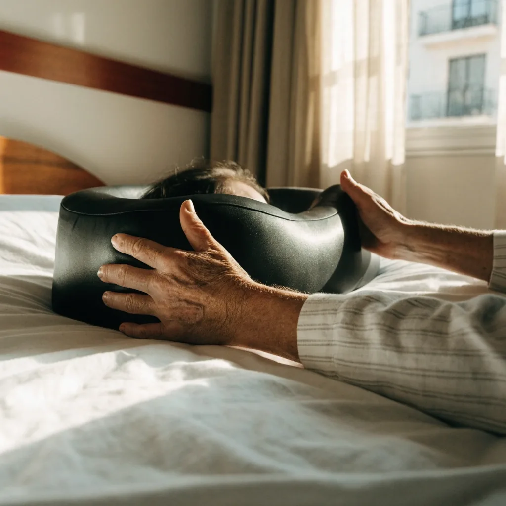 Almohada cervical viscoelástica apoyada sobre una sábana blanca en una habitación con luz de tarde