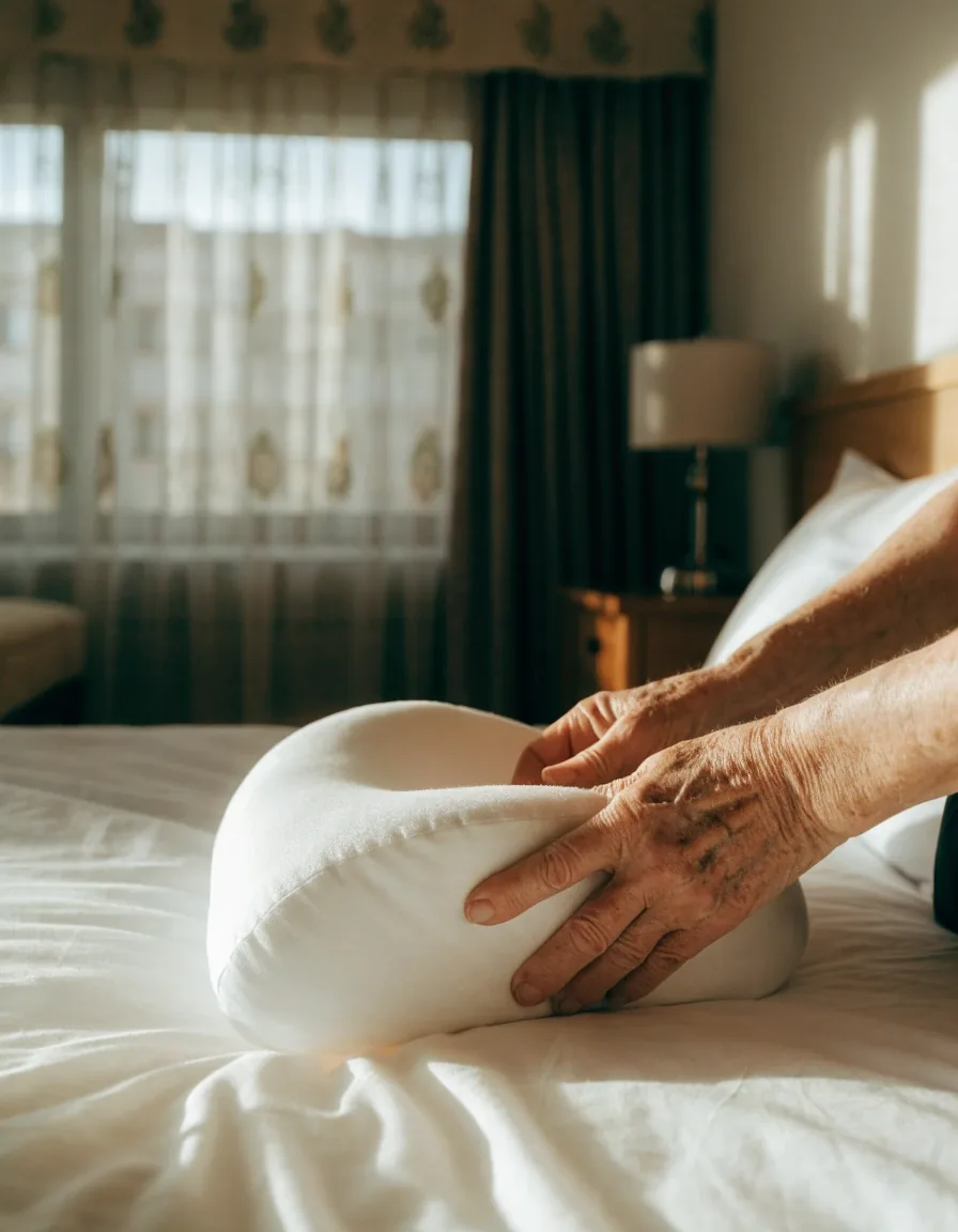 Almohada cervical viscoelástica blanca fotografiada de tres cuartos sobre una sábana