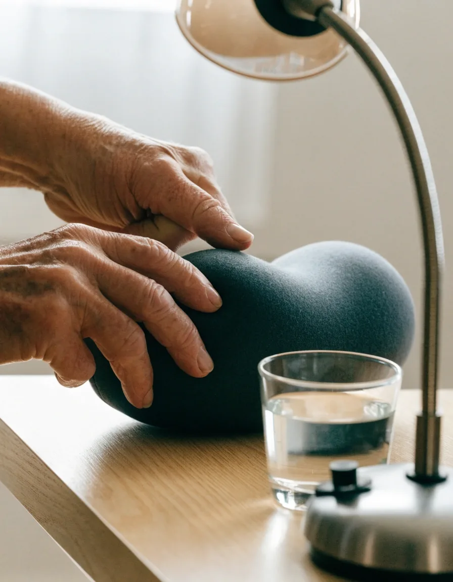 Bastón ergonómico ajustable de acero apoyado contra un azulejo claro