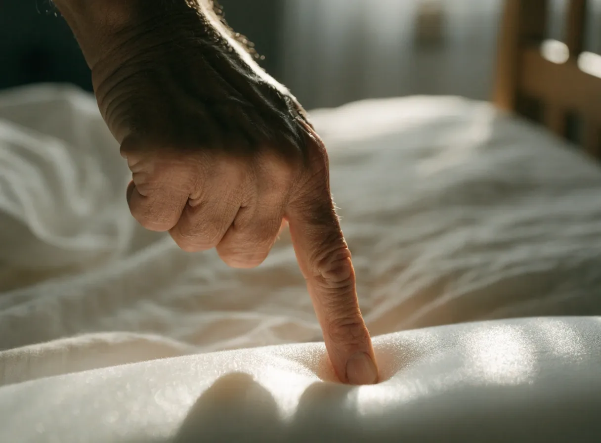 Una mano presiona con el dedo la superficie de la espuma viscoelástica de la almohada