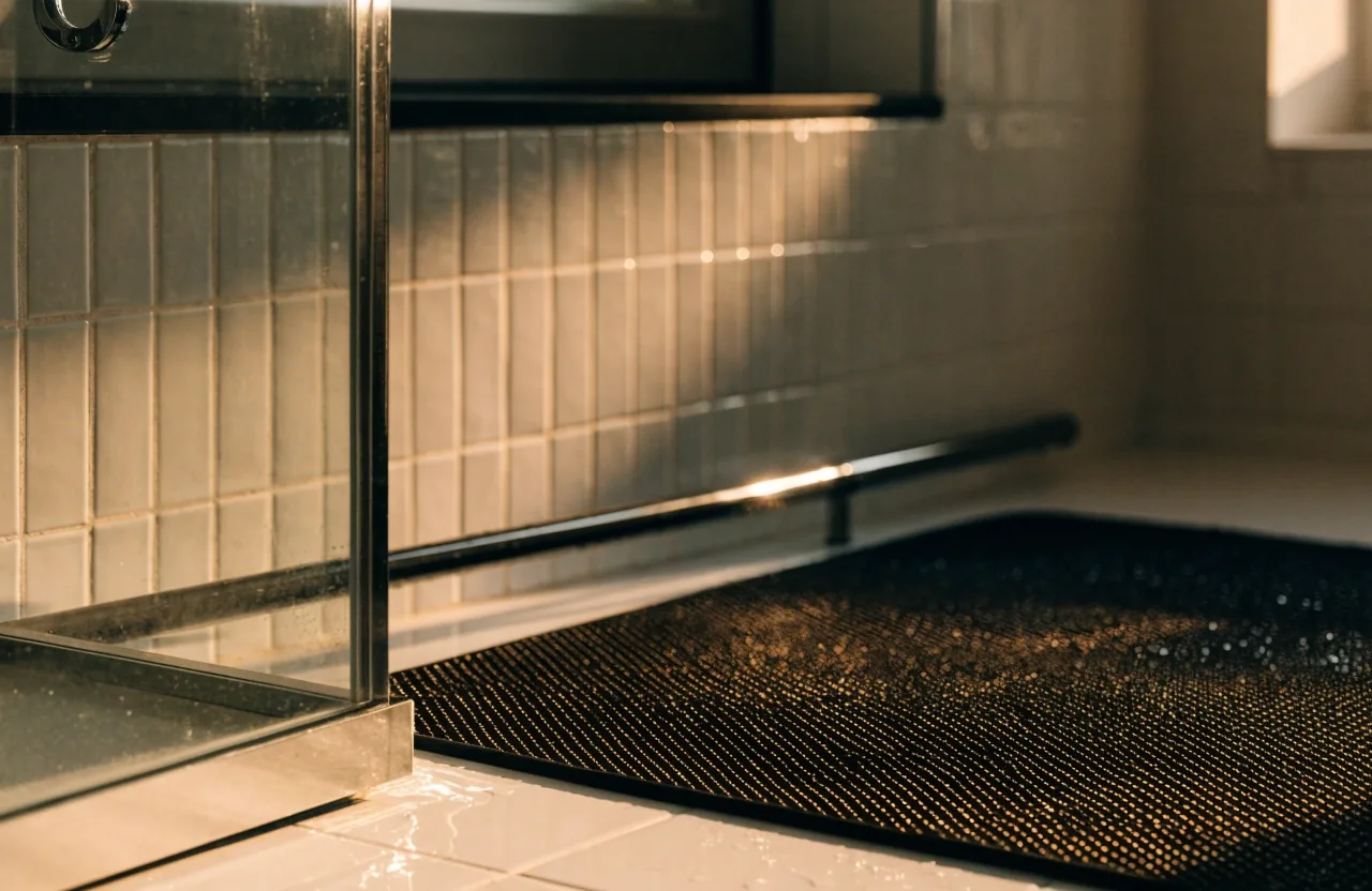 Alfombra antideslizante extendida en el piso del baño, junto a la ducha