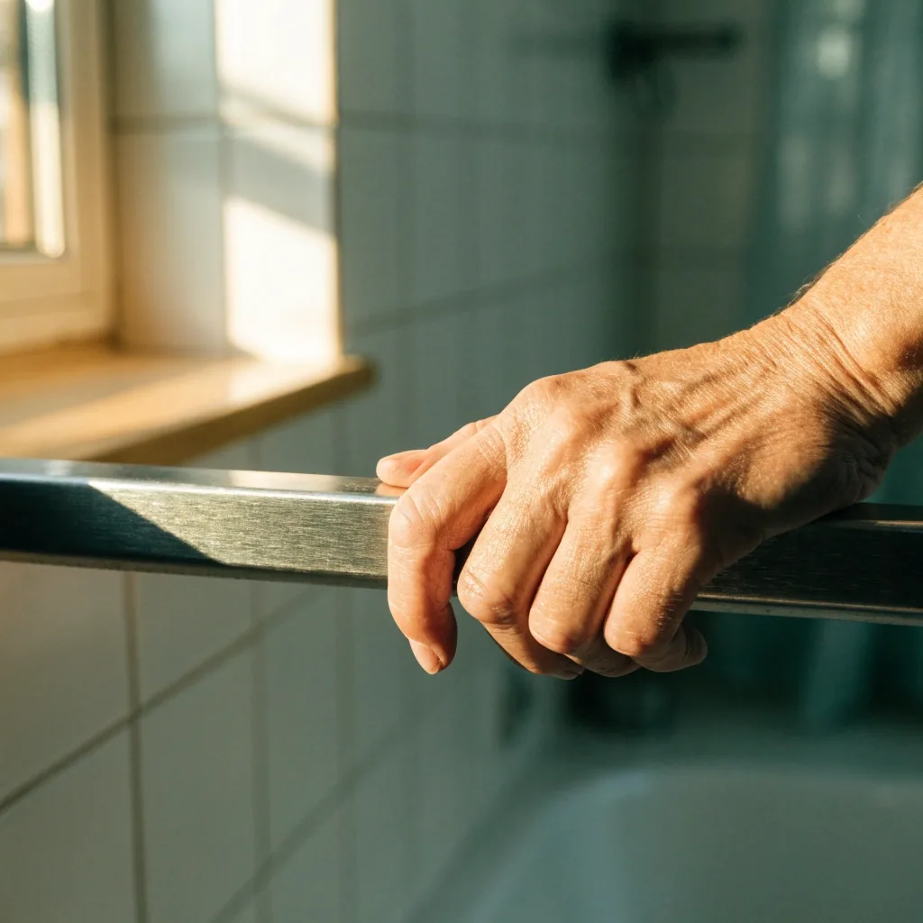 Barra de apoyo de acero inoxidable montada sobre azulejos blancos del baño, sujeta con una mano