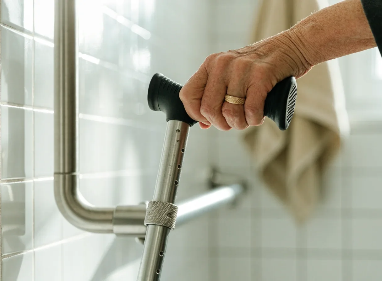Bastón ajustable de aluminio apoyado contra la pared del baño