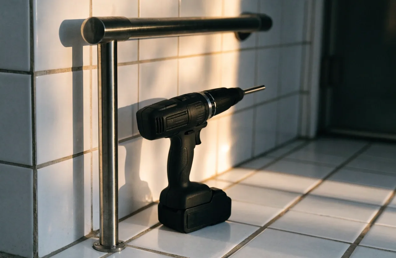 Taladro y anclajes sobre el piso del baño antes de instalar la barra