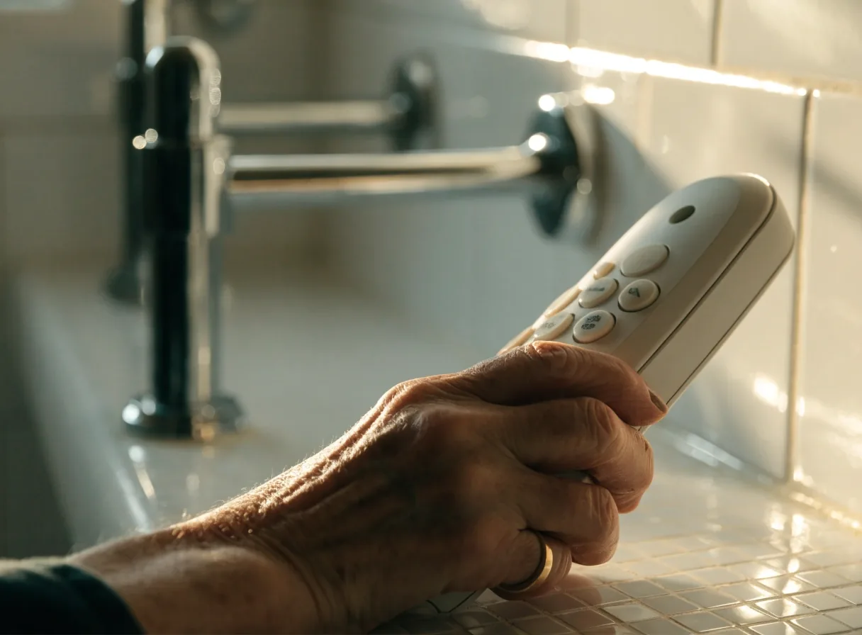 Teléfono inalámbrico de teclas grandes apoyado en la mesada del baño