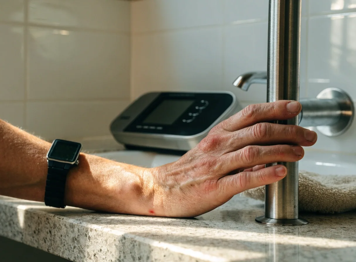 Tensiómetro digital de brazo apoyado en la mesada junto a una taza