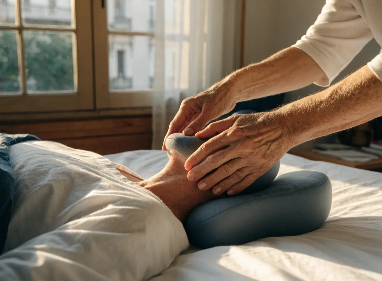 Almohada cervical viscoelástica sobre sábanas blancas con luz de tarde