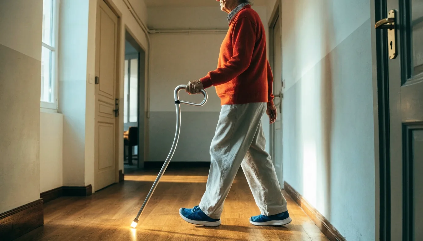 Bastón ergonómico de aluminio apoyado contra la pared de un baño con luz de tarde