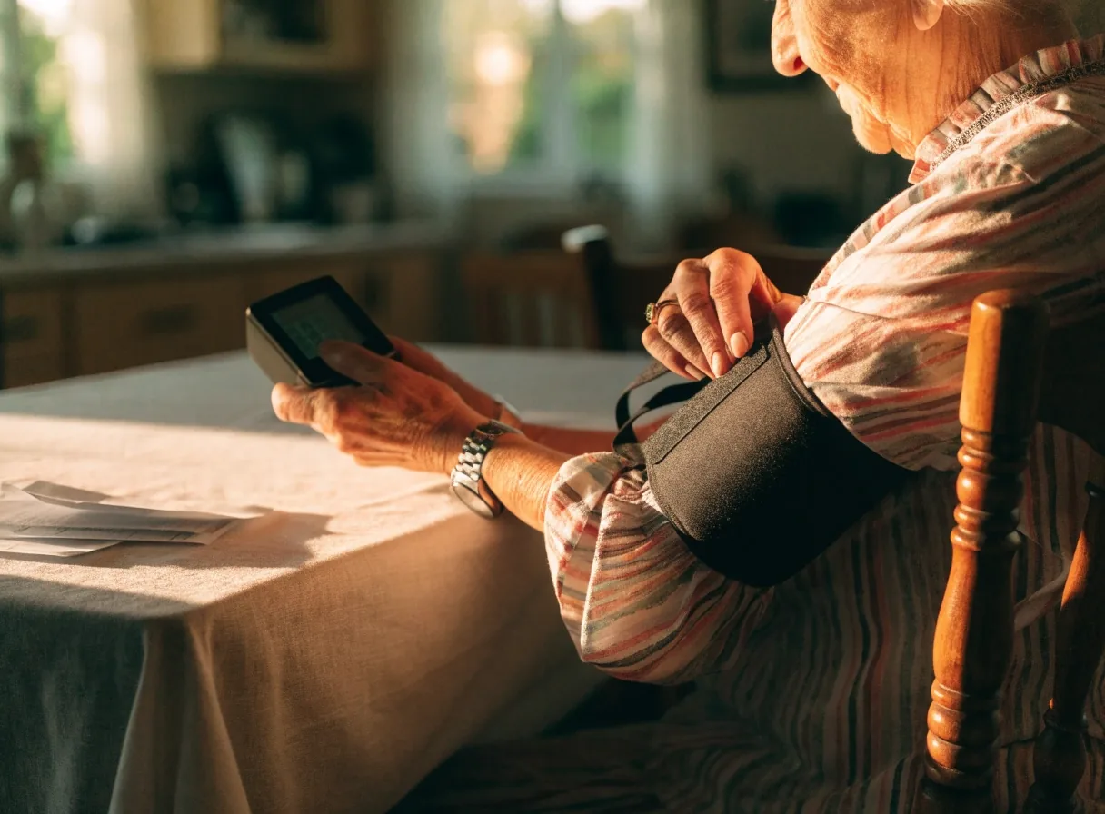 Tensiómetro digital de brazo sobre la mesada de la cocina