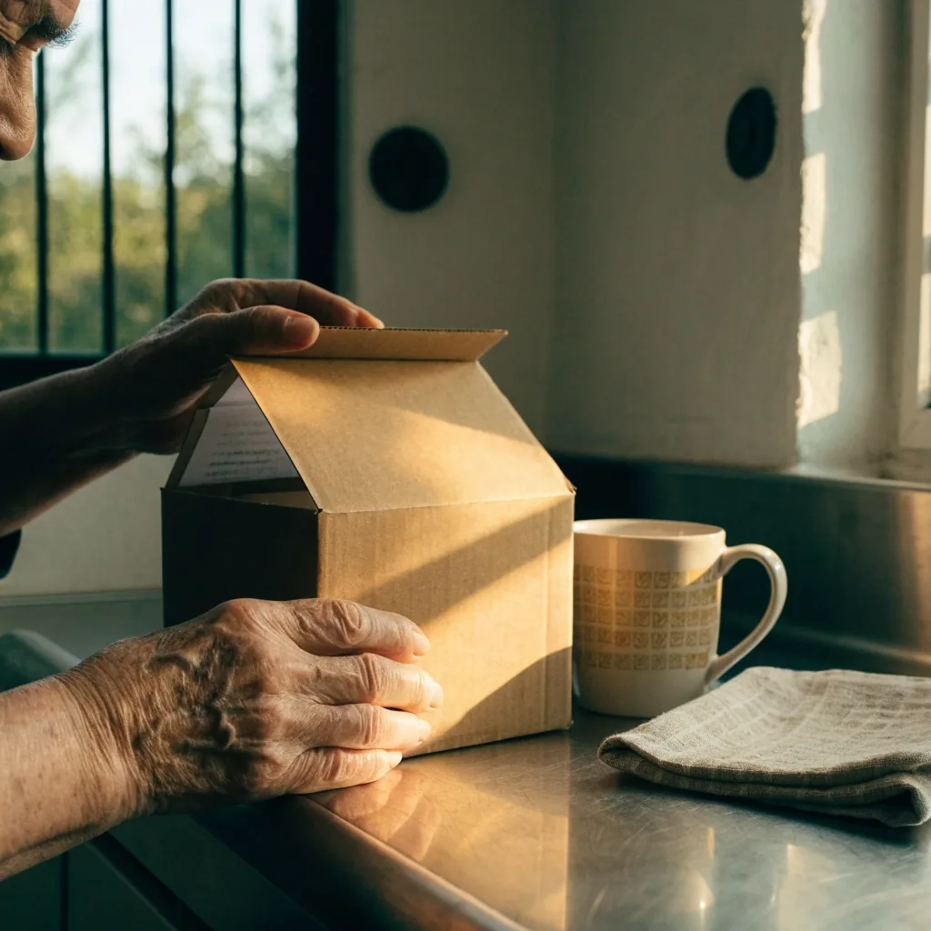 Manos abriendo un paquete sobre la mesada de una cocina argentina con luz de tarde