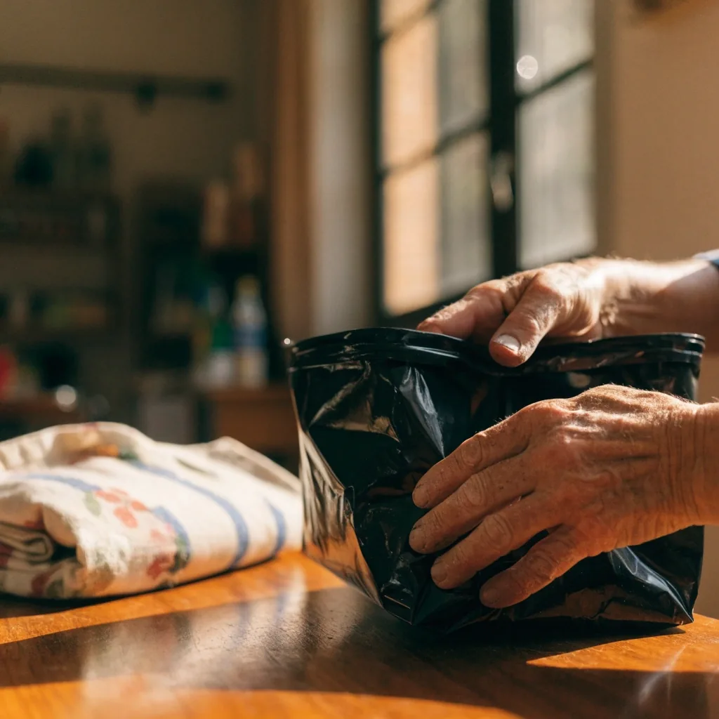 Canasto de compras plegado junto a un bolso de tela sobre un mostrador de granito