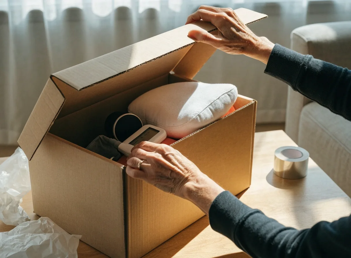 Caja abierta con artículos de cuidado dentro sobre un piso de cerámica