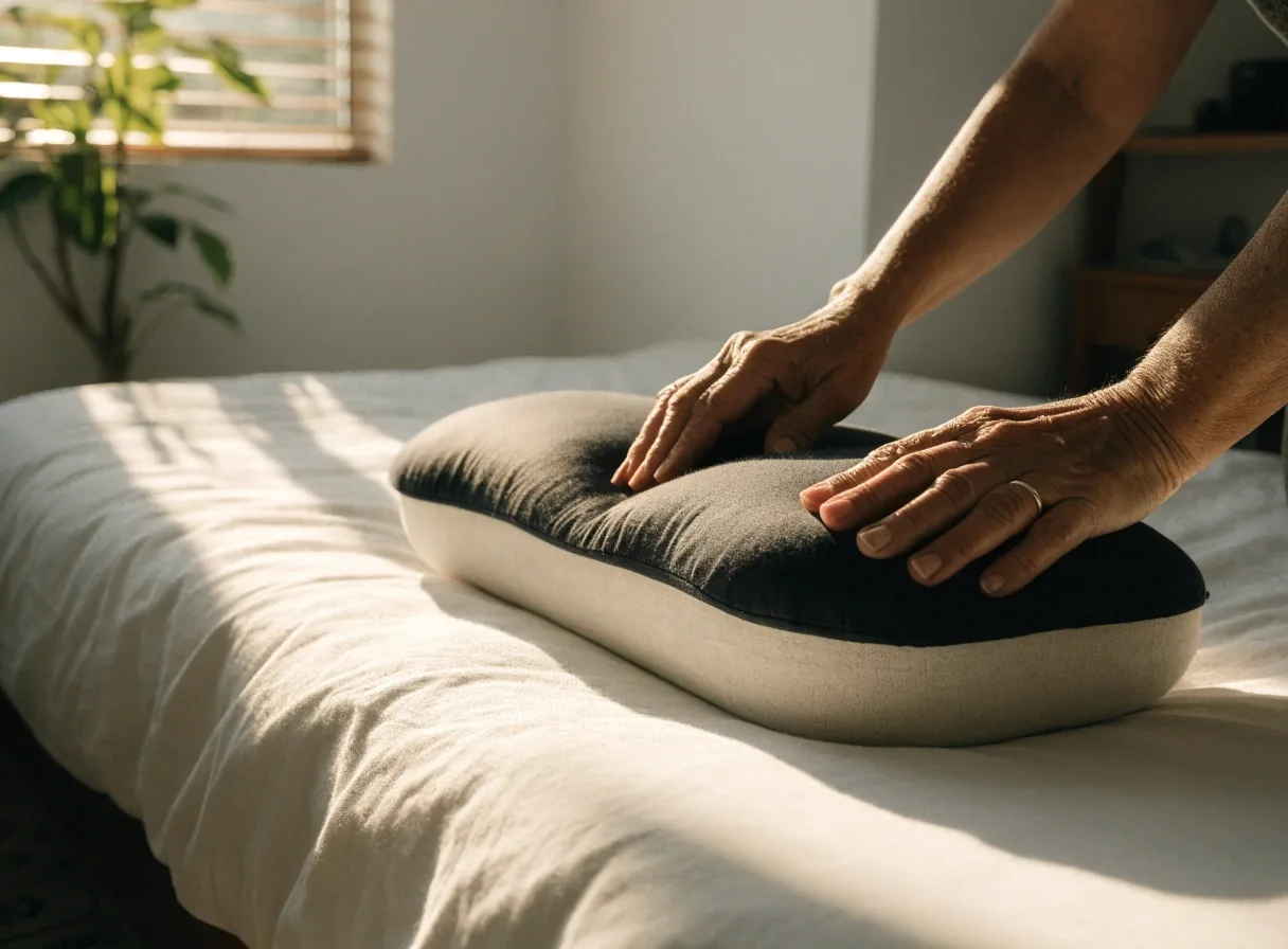 Almohada cervical viscoelástica sobre una sábana blanca