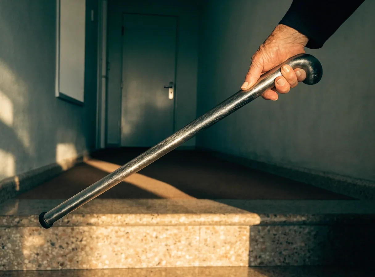 Bastón ergonómico de acero cepillado apoyado sobre azulejos blancos