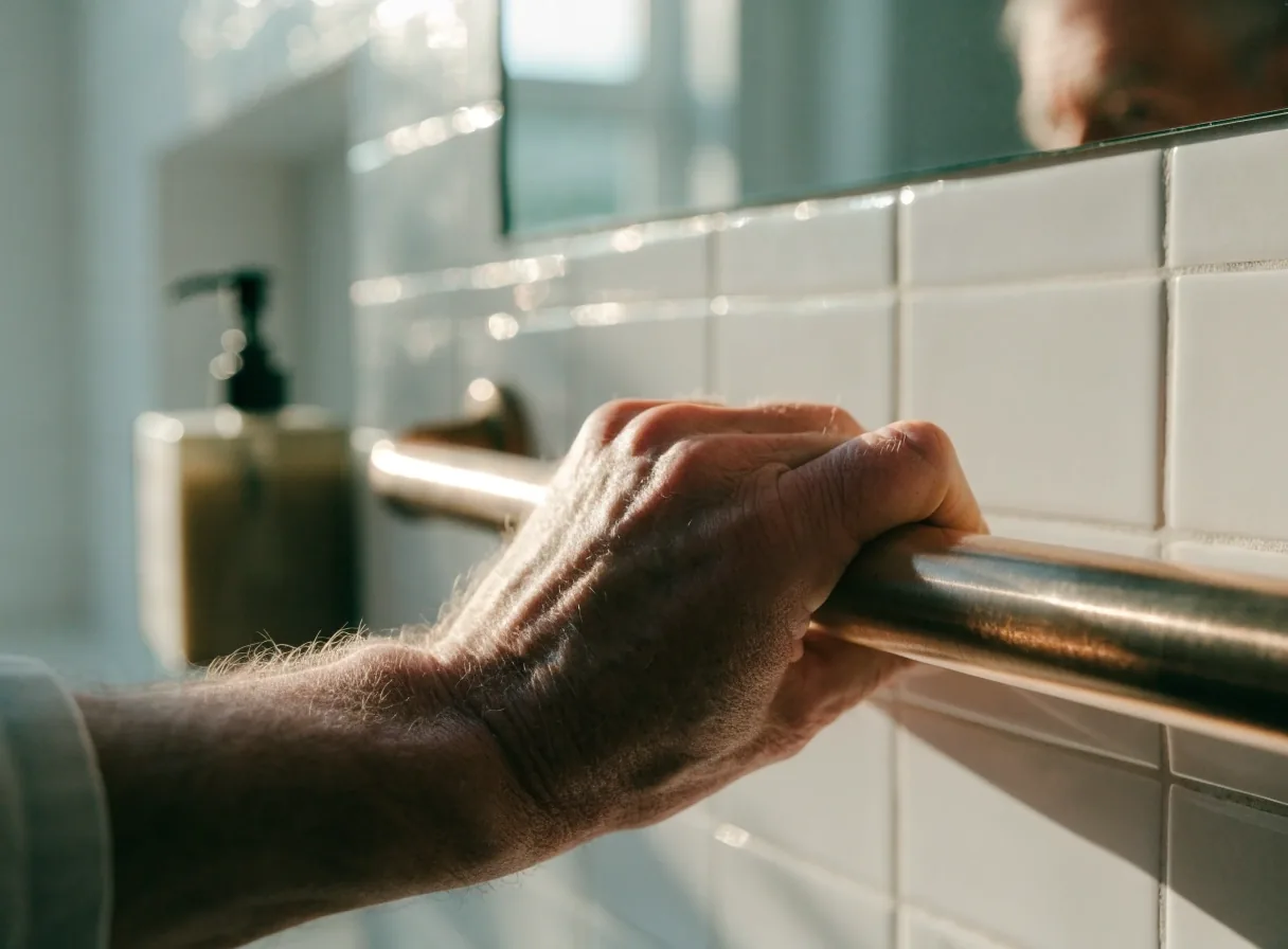 Mano apoyada sobre una barra de apoyo de latón cepillado en un baño con azulejos blancos