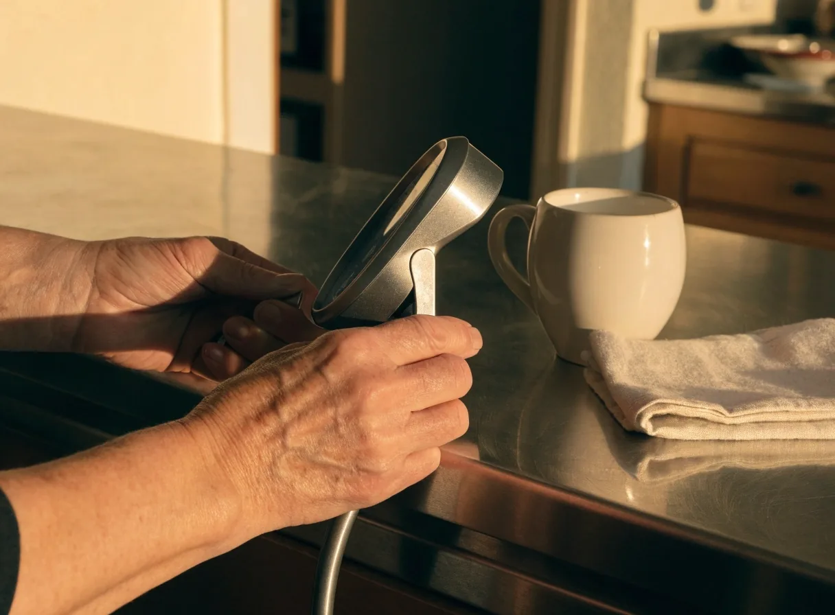 Mostrador de cocina con un tensiómetro de brazo y una taza, ambiente de tarde