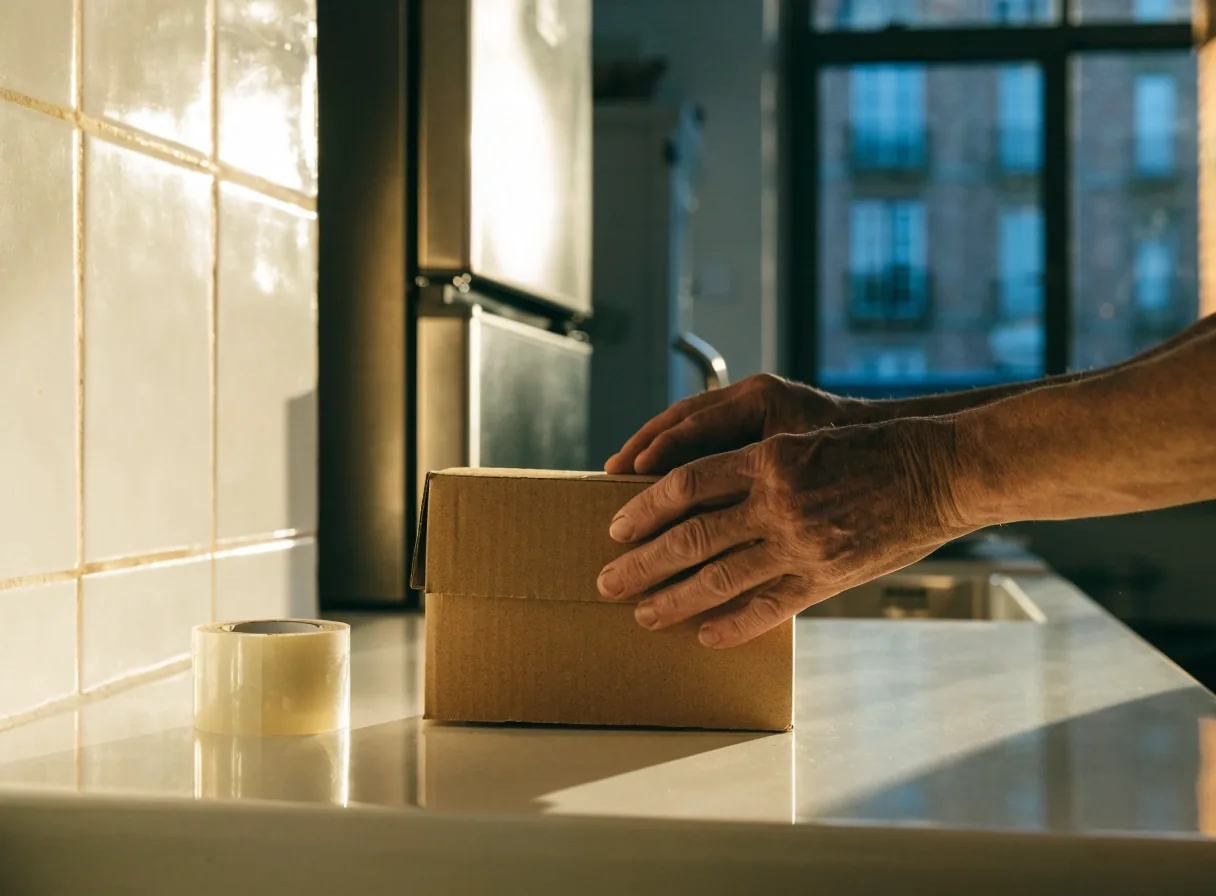 Manos cerrando la caja de un pedido sobre la mesada de una cocina
