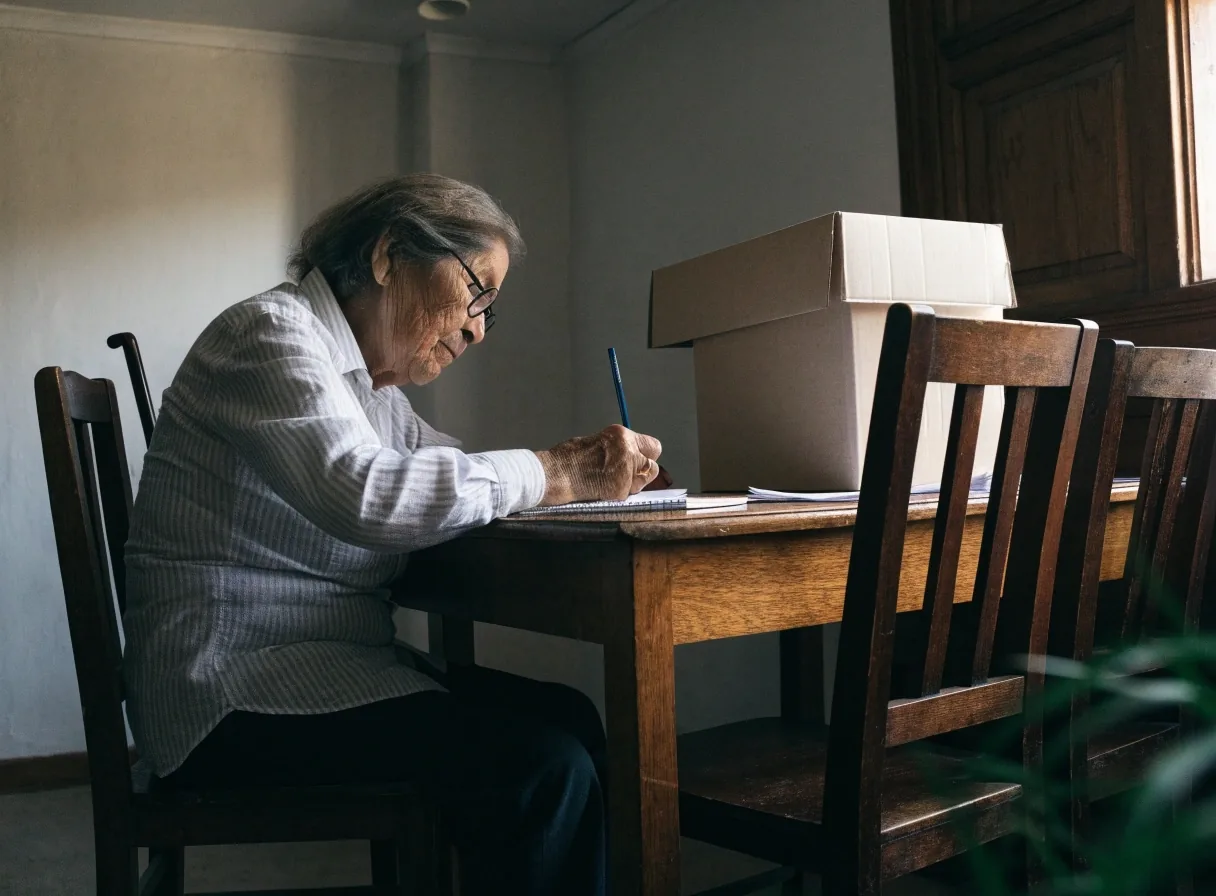 Persona mayor escribiendo los datos de envío en una libreta junto a una caja de cartón en su casa