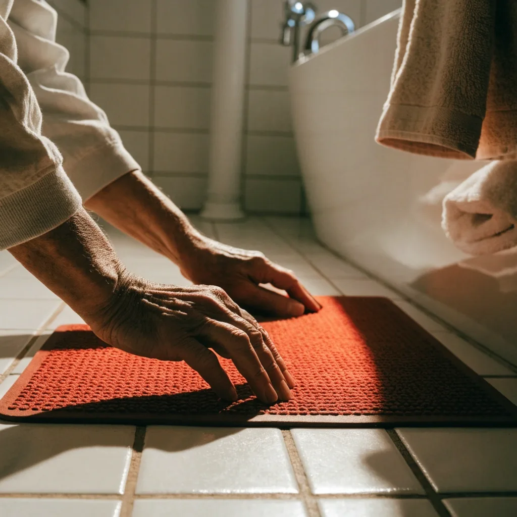 Alfombra antideslizante para baño sobre piso de azulejos blancos