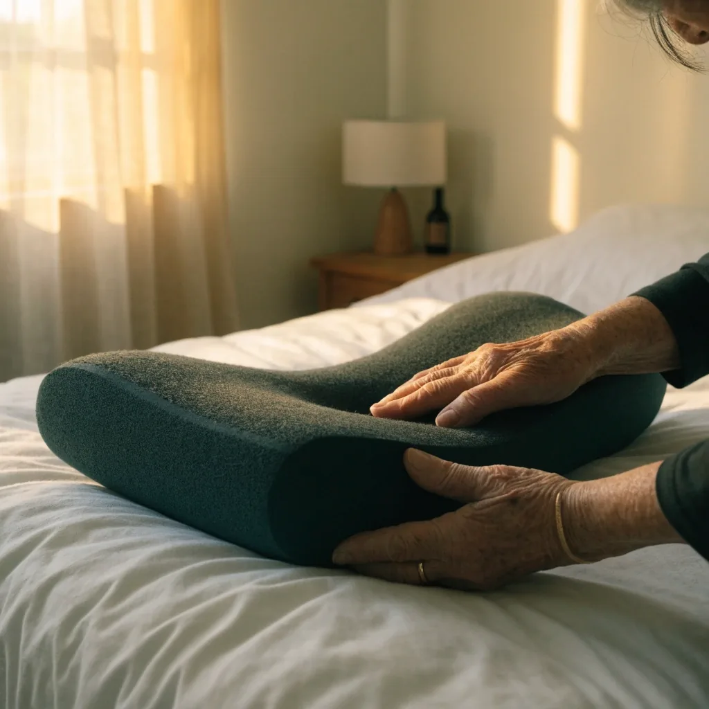 Almohada cervical viscoelástica sobre sábanas blancas con luz cálida de tarde