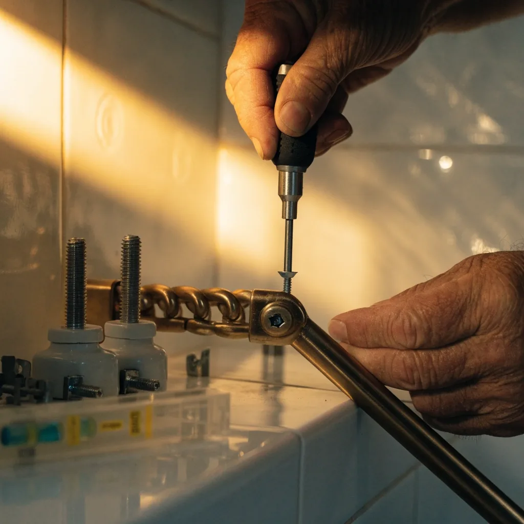 Barra de apoyo de bronce cepillado fijada a azulejos blancos de un baño