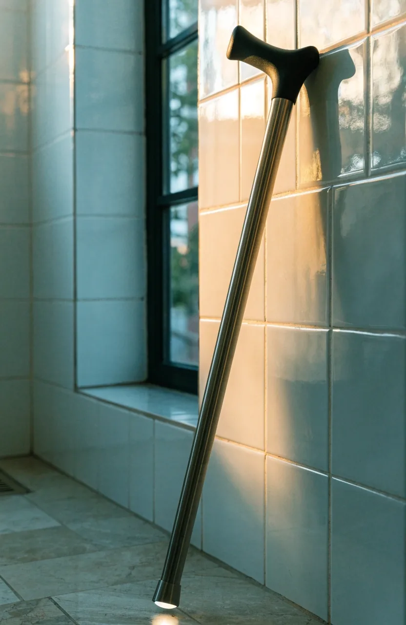 Bastón ergonómico de acero cepillado apoyado contra azulejos del baño