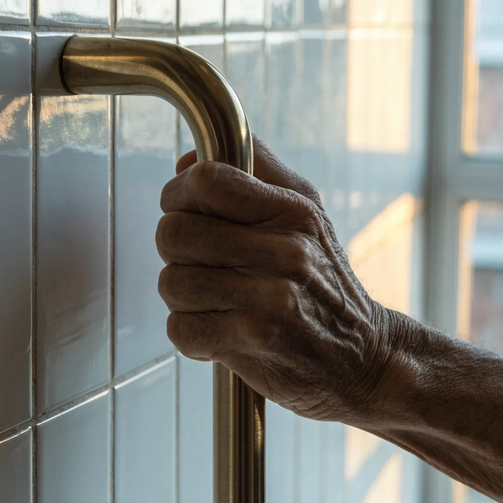 Mano de una persona mayor sujetando una barra de apoyo de bronce cepillado sobre azulejos blancos del baño