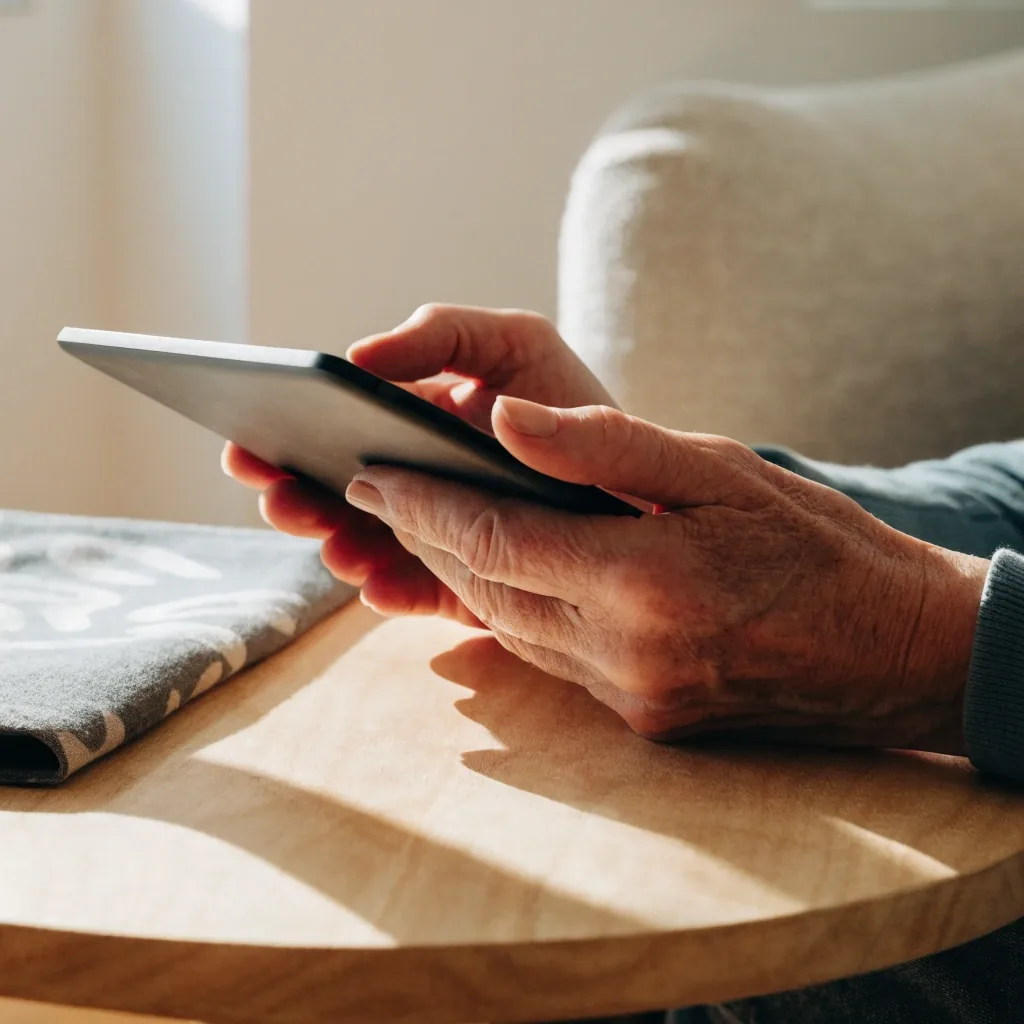 Tablet con interfaz simplificada apoyada sobre una mesa ratona de madera