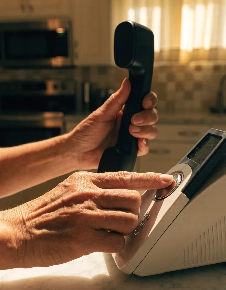 Teléfono inalámbrico con teclas grandes sobre una mesada de mármol, luz cálida de tarde