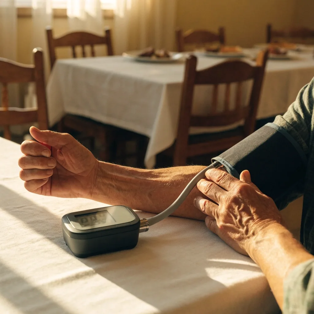 Tensiómetro digital de brazo sobre la mesada de una cocina argentina