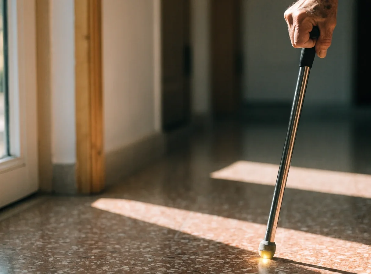 Primer plano de la punta de goma y el tramo inferior de un bastón de acero sobre el piso de madera de un departamento