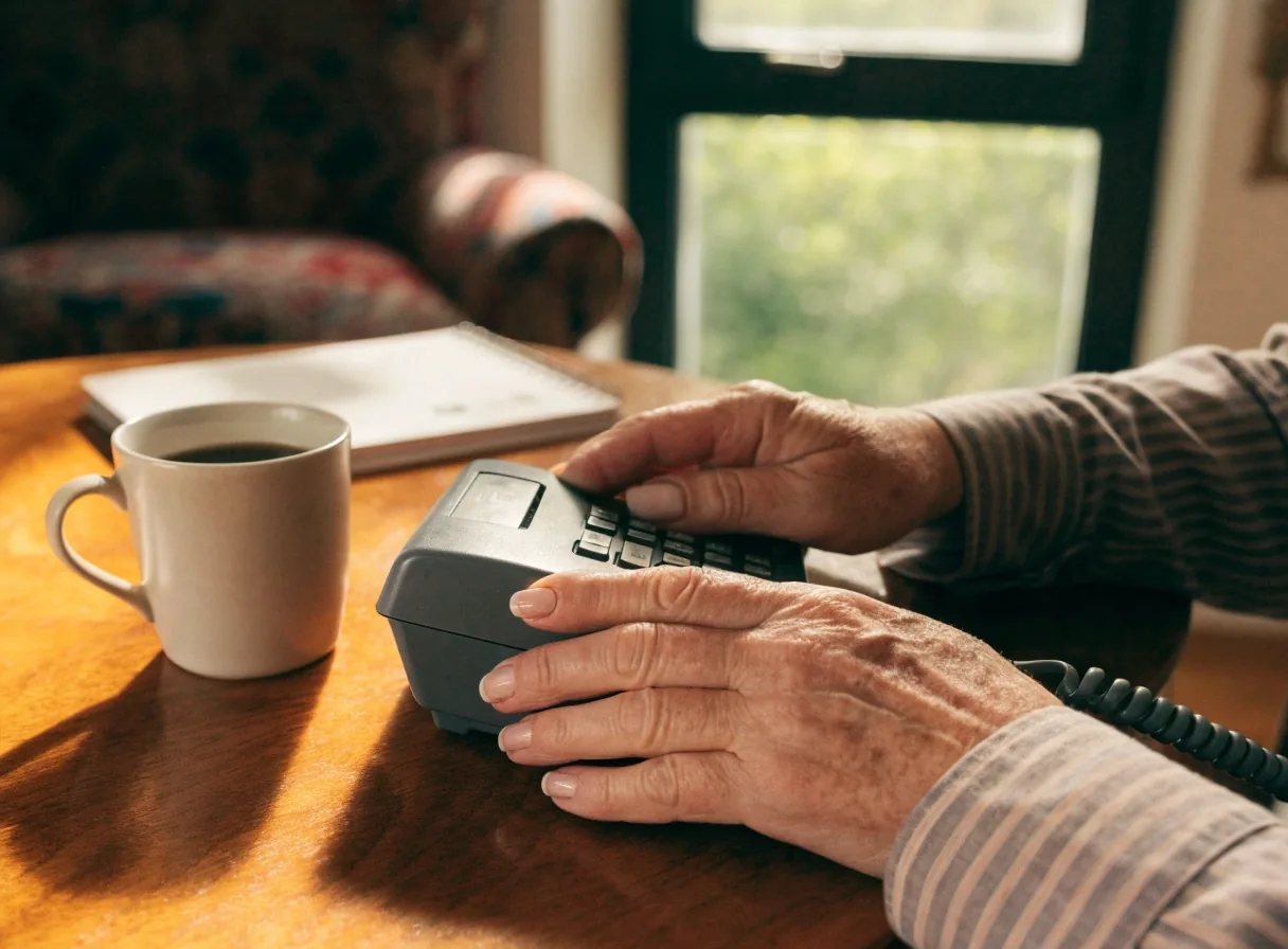 Un teléfono inalámbrico blanco mate con teclas grandes sobre una mesada de mármol, junto a una taza de cerámica