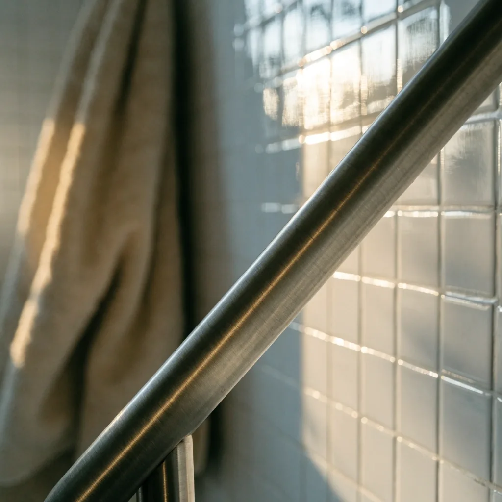 Una mano se apoya en una barra de acero inoxidable montada sobre azulejos blancos del baño
