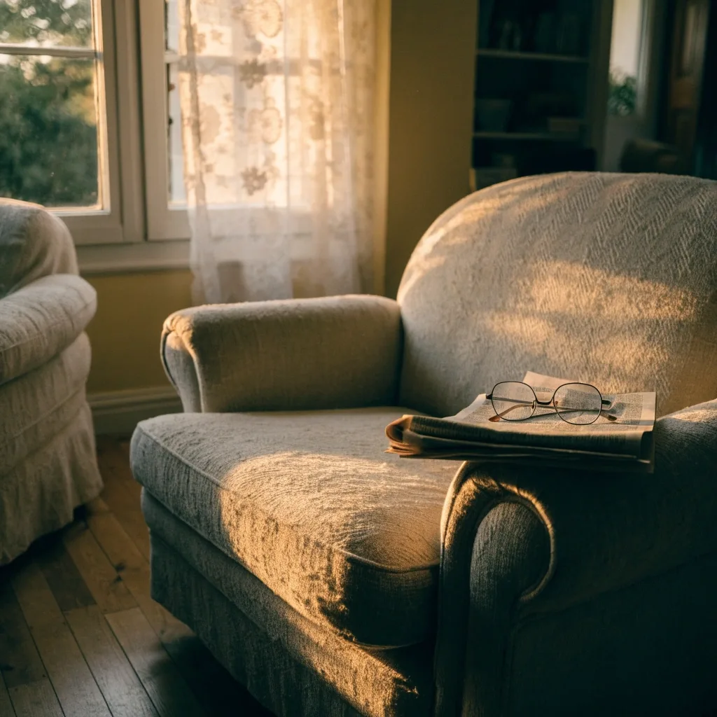 Diario doblado y gafas de lectura apoyados sobre un sillón junto a una ventana