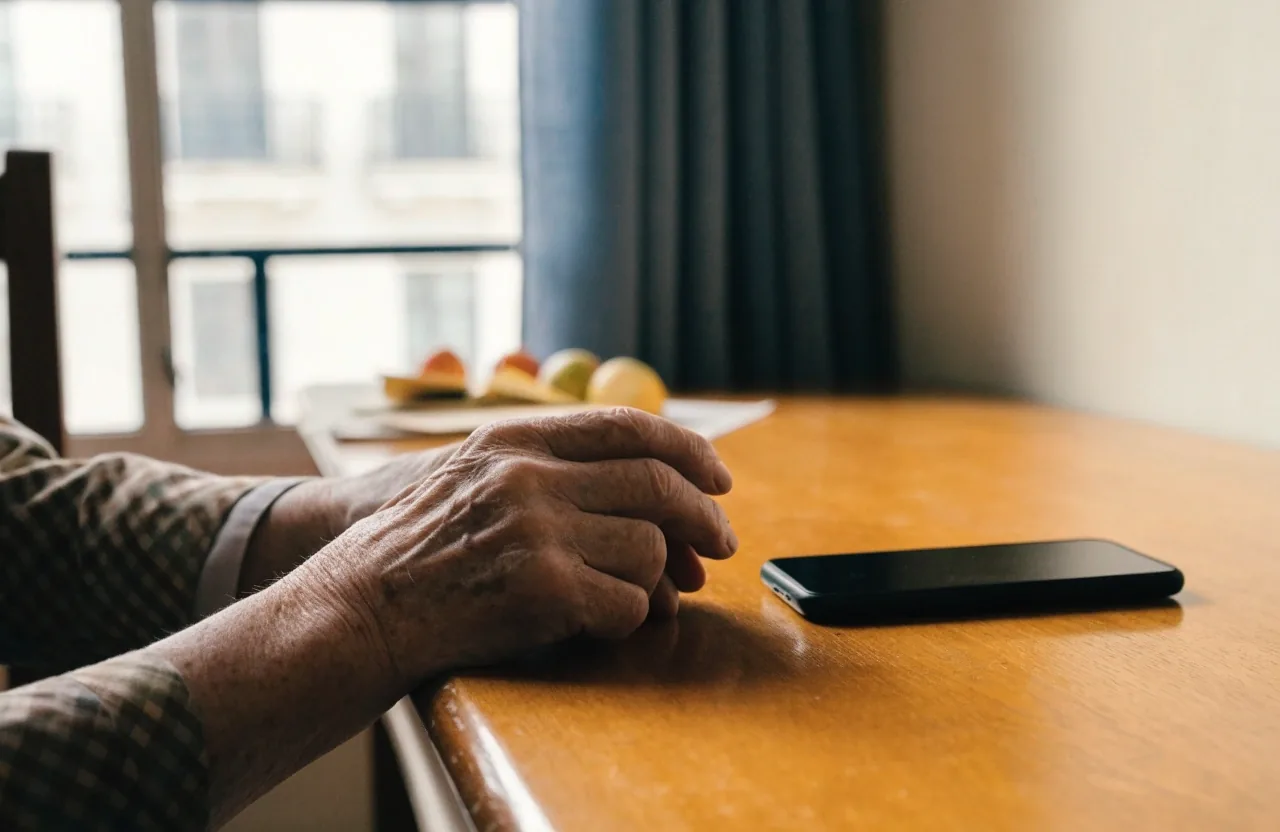 Manos de una persona mayor descansando sobre una mesa junto a un teléfono móvil