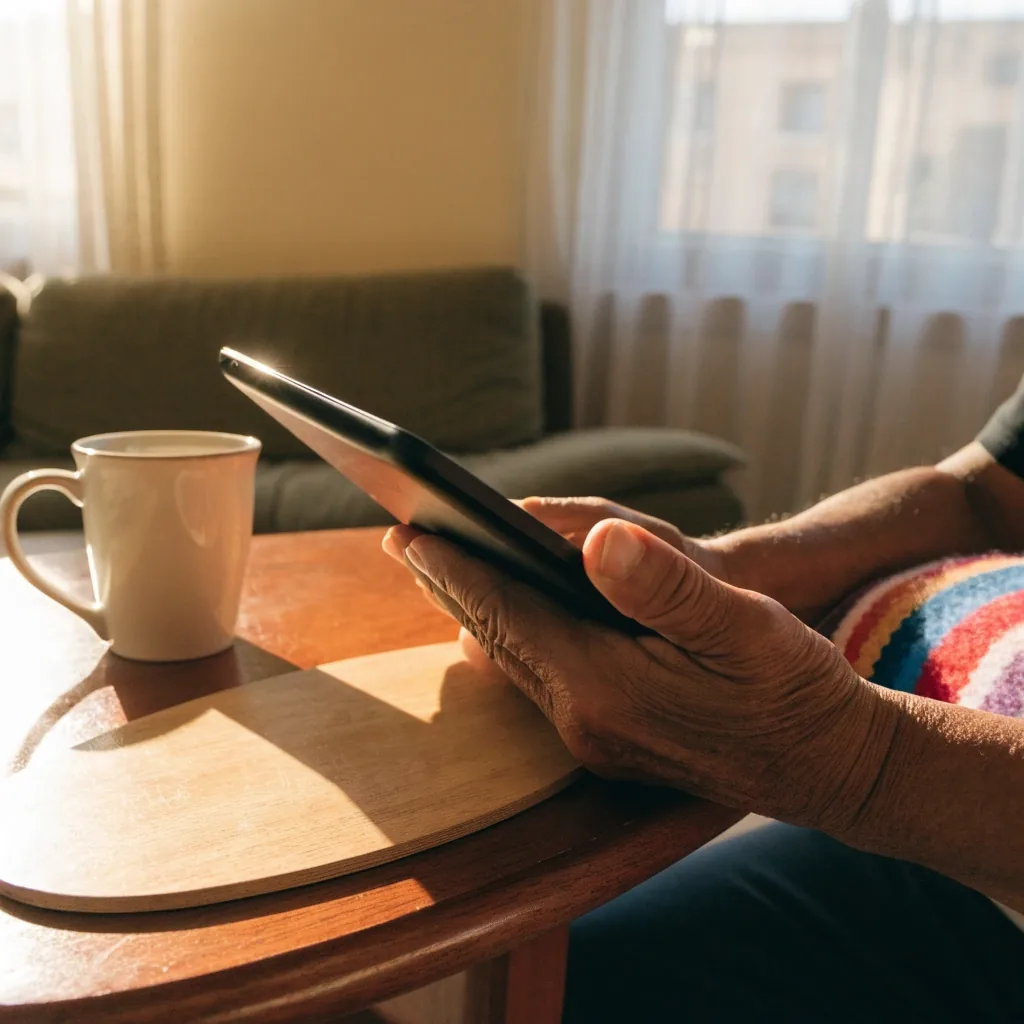 Rincón de un living en Buenos Aires con una tablet apoyada sobre una mesa de madera y unas gafas de lectura