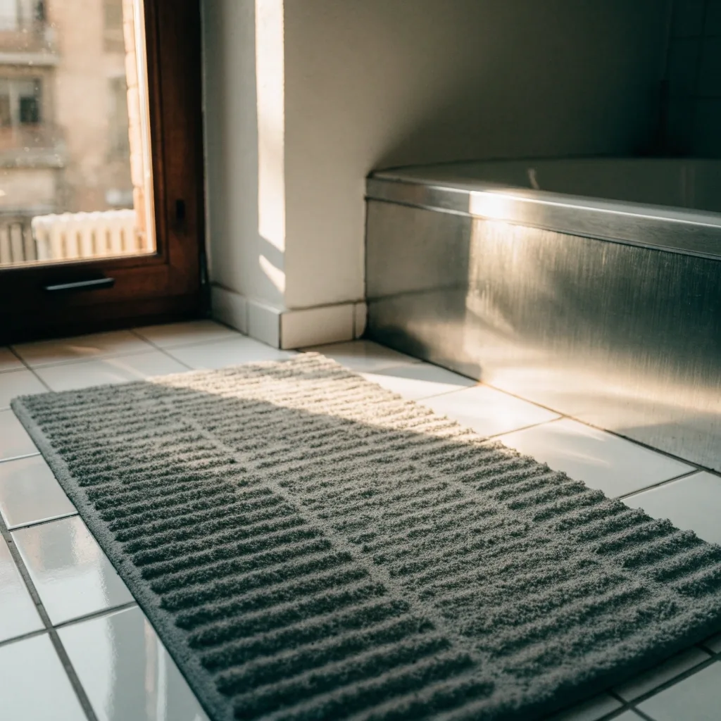Alfombra antideslizante gris sobre el piso de azulejos de un baño claro