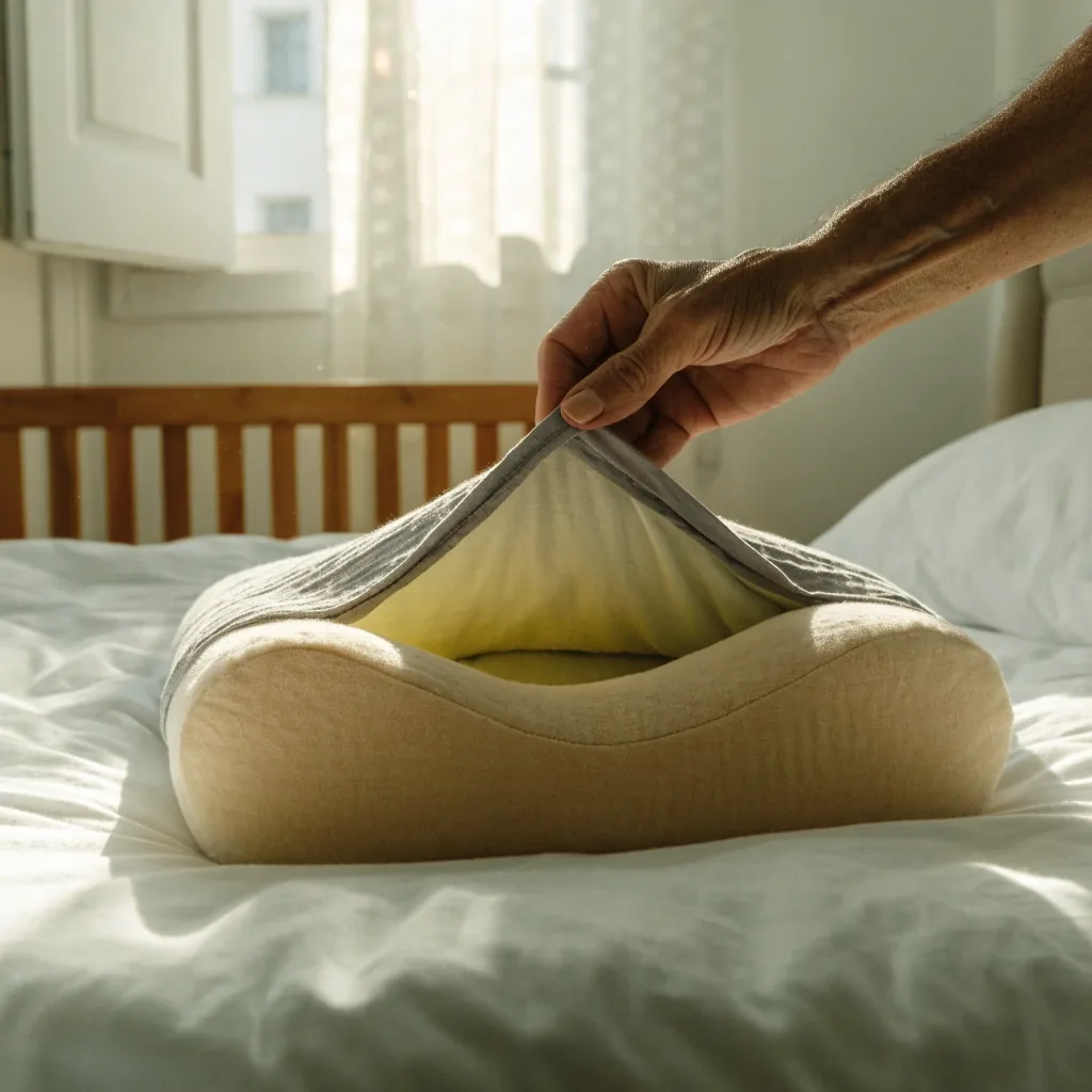 Almohada cervical viscoelástica sobre una sábana blanca en un dormitorio claro