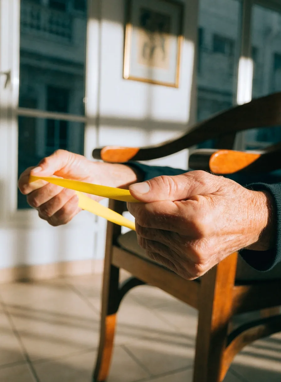 Banda elástica amarilla formando un lazo sobre una mesa clara junto a una silla de madera