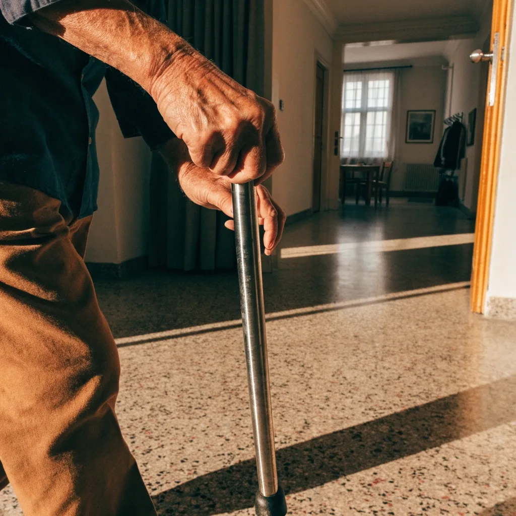 Bastón ergonómico de acero apoyado contra un azulejo claro en un baño