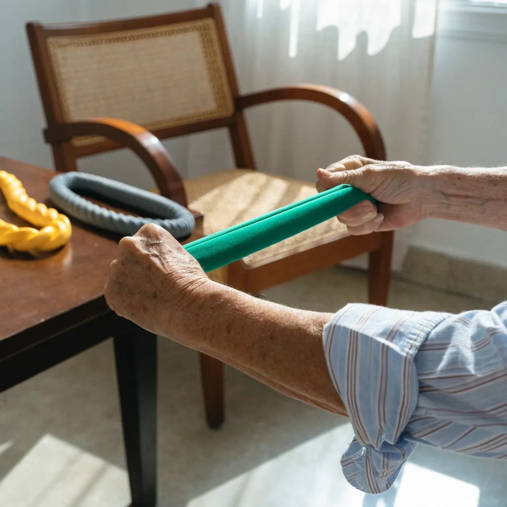 Set de bandas elásticas de tres resistencias apoyado sobre una mesa de madera junto a una silla, en un living con luz de tarde