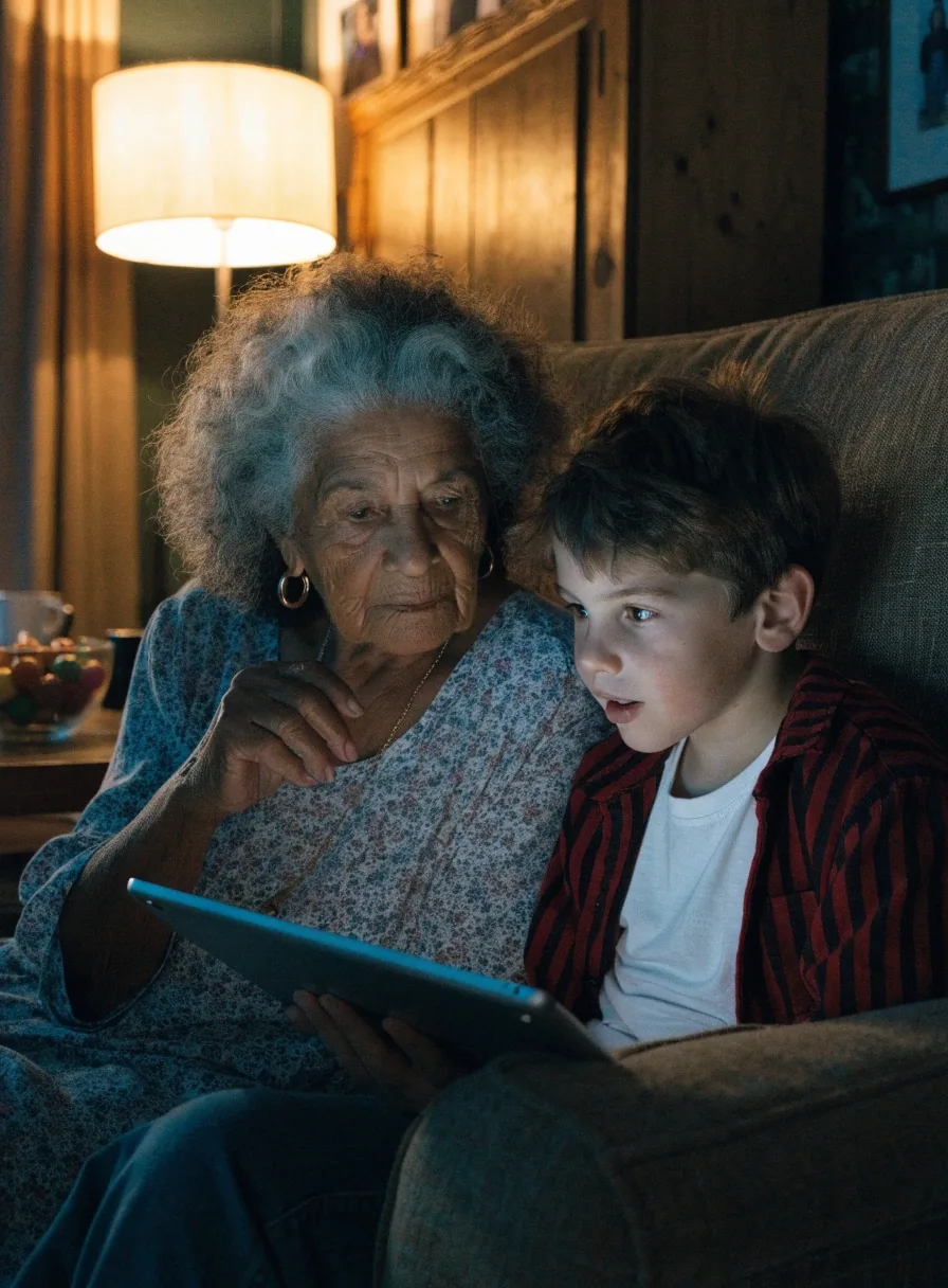 Abuela y nieto mirando juntos la pantalla de la tablet sentados en el sillón