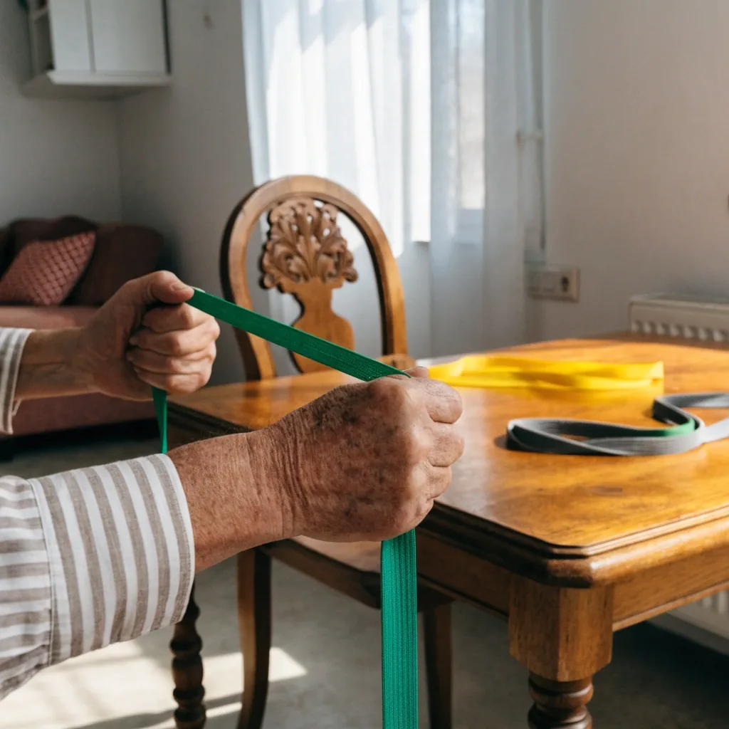Bandas elásticas de ejercicio suave enrolladas sobre un piso de madera clara