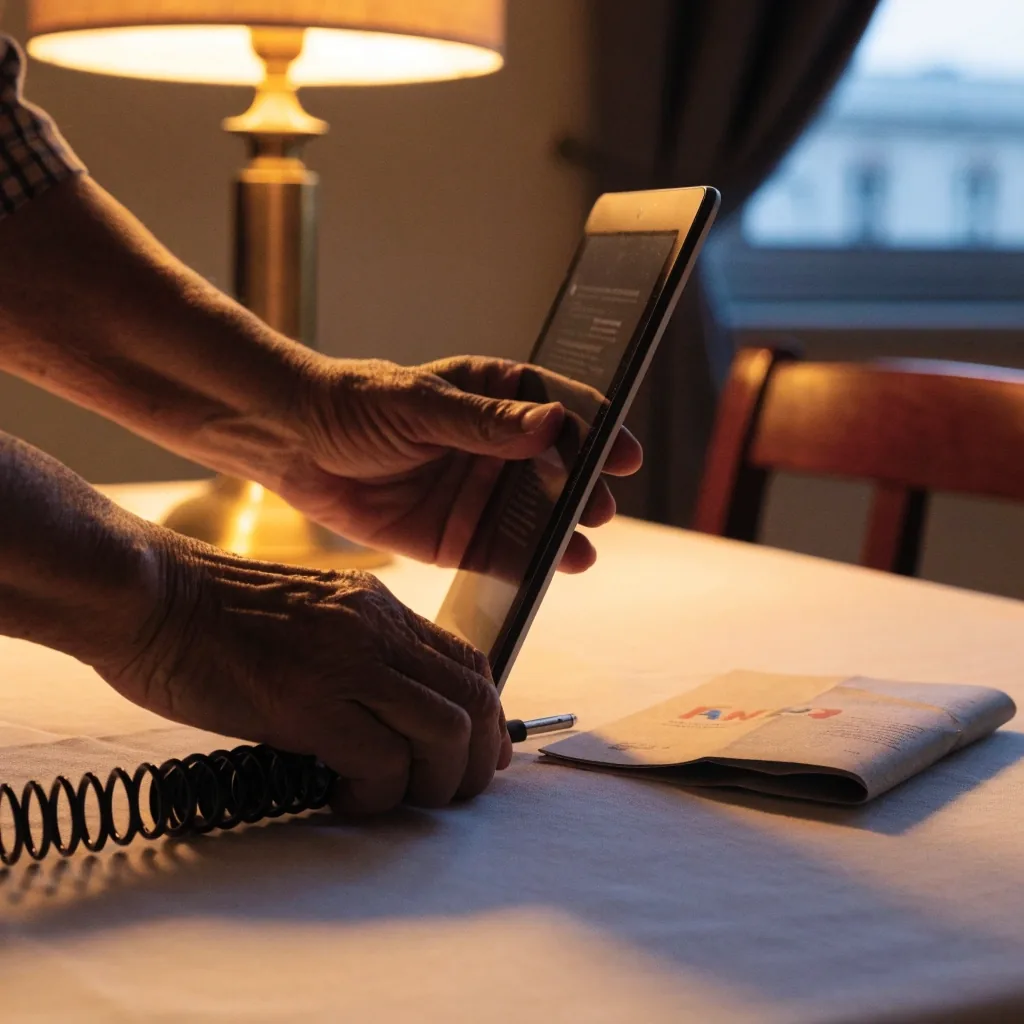 Manos de una persona mayor acomodando la tablet sobre la mesa junto al cargador
