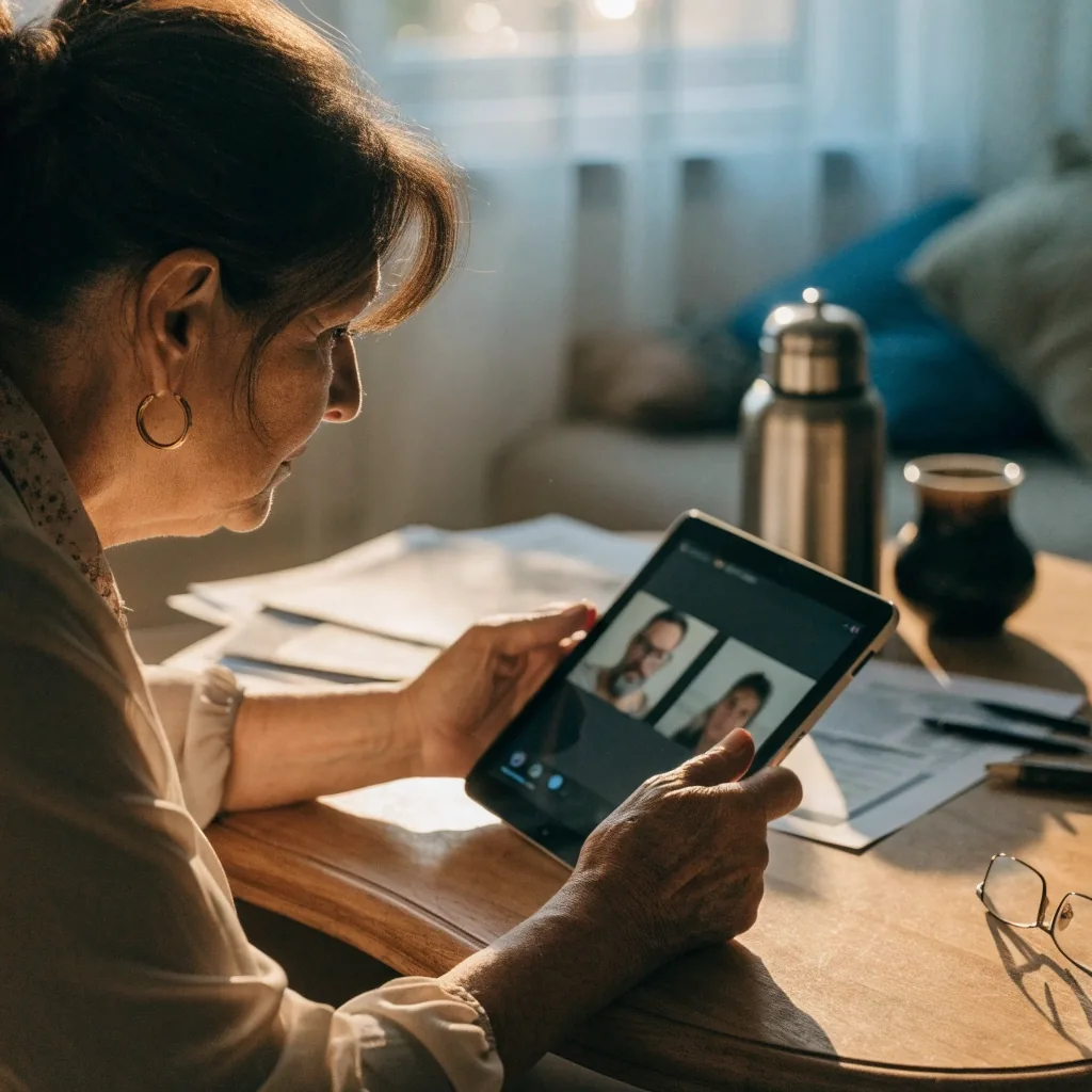 Mujer mayor sosteniendo la tablet con las dos manos durante una videollamada en la cocina