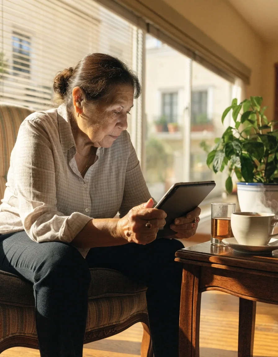 Persona mayor leyendo en la tablet apoyada sobre un soporte en la mesa del comedor