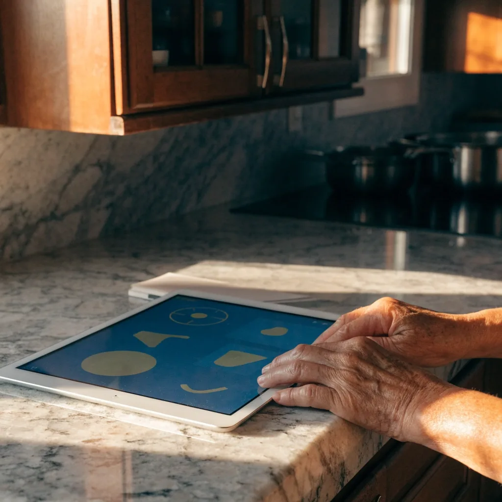 Tablet de pantalla grande apoyada sobre una mesada de granito, con la pantalla encendida en tonos claros y las manos de una mujer mayor descansando al lado