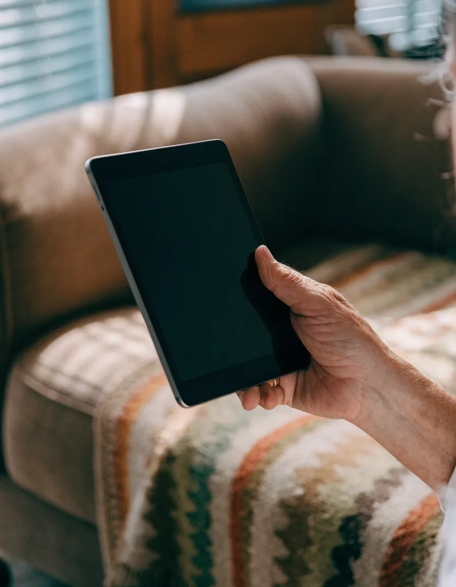 Tablet apagada apoyada en un aparador de madera junto a una lámpara encendida, en un living silencioso