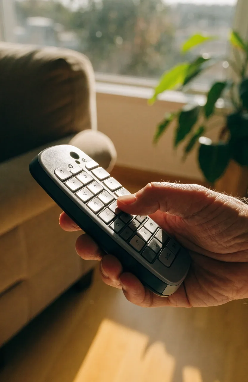 Detalle de las teclas amplias del teléfono móvil bajo luz cálida de tarde sobre una superficie de yeso
