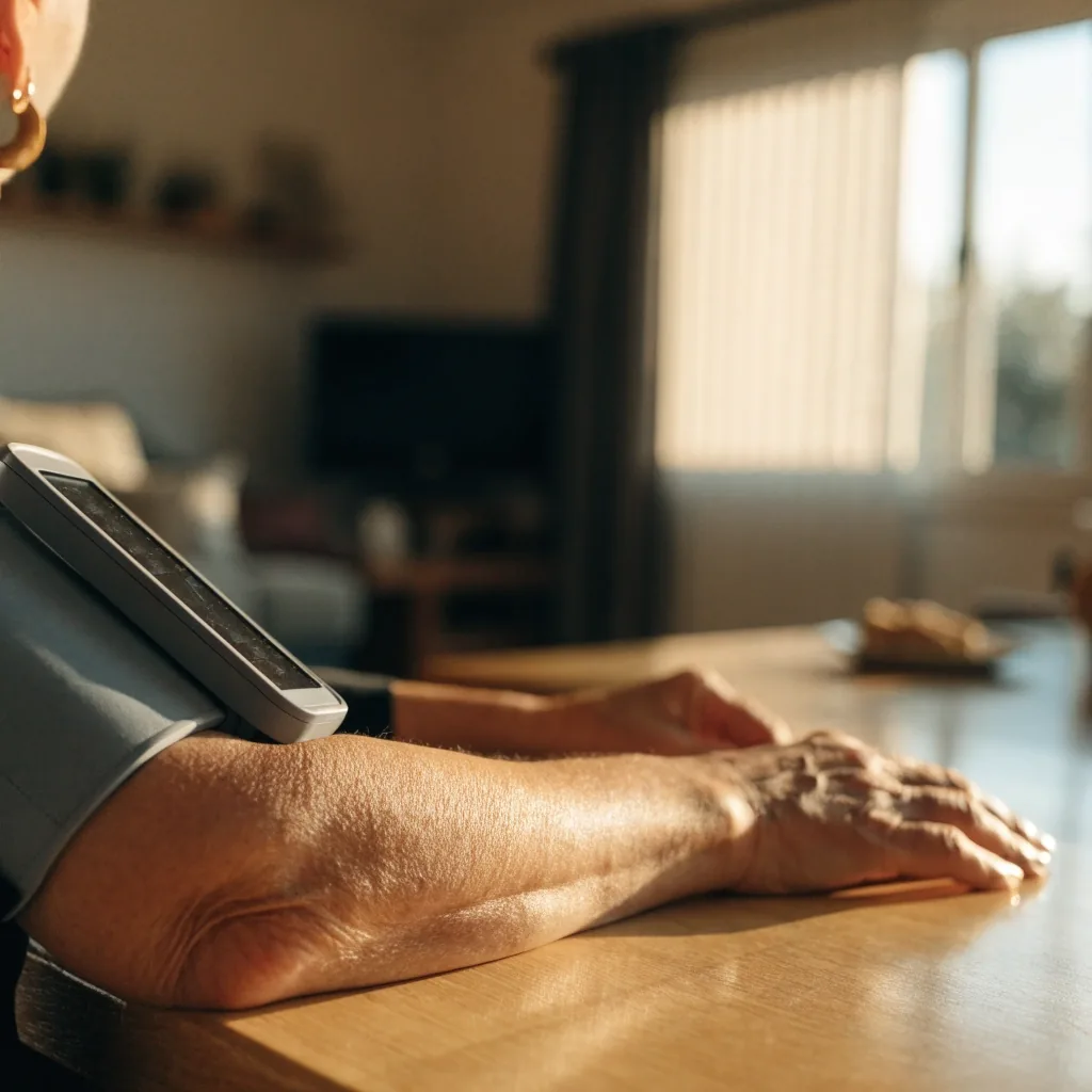 Brazo apoyado en la mesa con el brazalete colocado a la altura del corazón